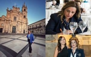 Maria Grazia Barbagallo davanti Duomo Acireale+lei al lavoro+lei con sua figlia