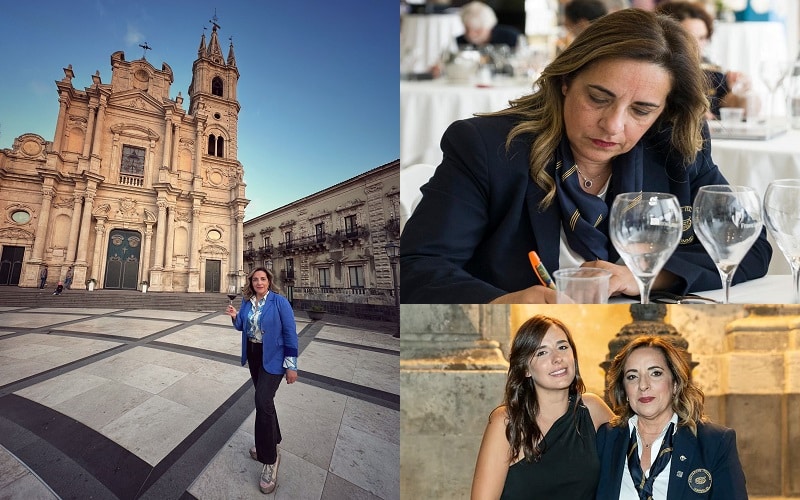 Maria Grazia Barbagallo davanti Duomo Acireale+lei al lavoro+lei con sua figlia