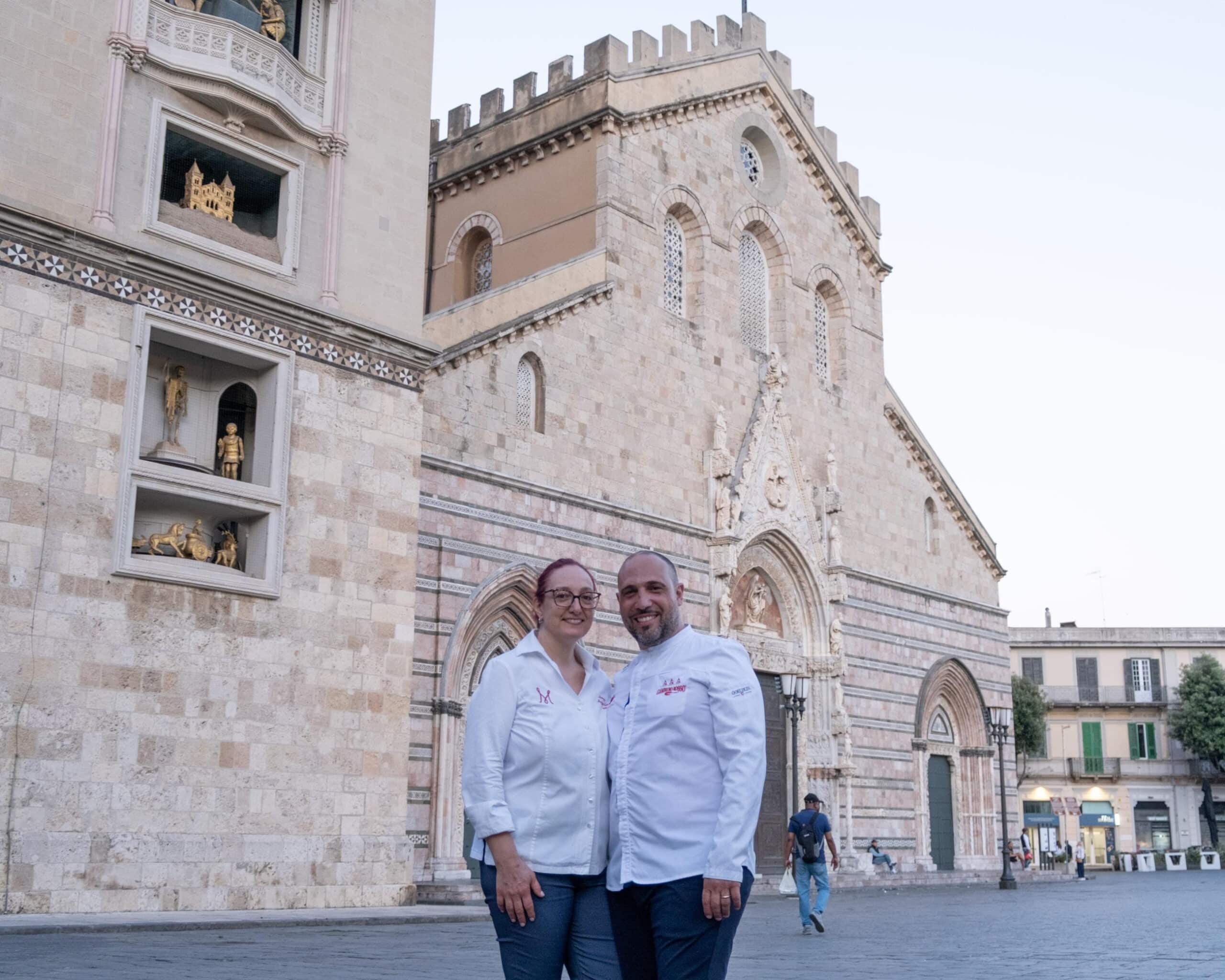 Lady chef Aurora Mazzucchelli e Matteo La Spada davanti Cattedrale Messina