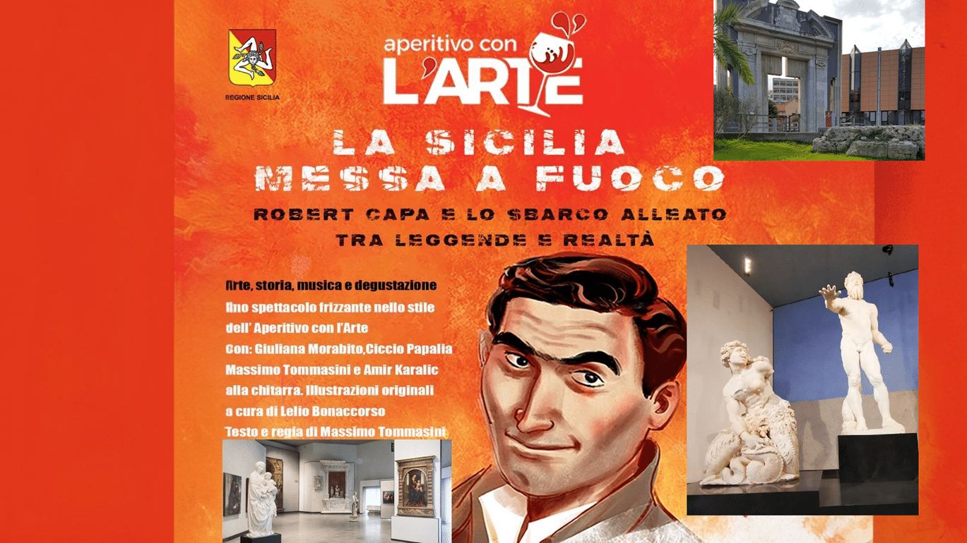 Locandina MuMe Aperitivo con l'Arte ORIZ+tre foto interno museo