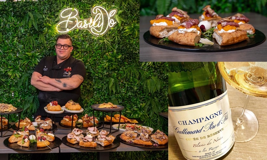Andrea Pellegrino con pizza Basilicò e Champagne