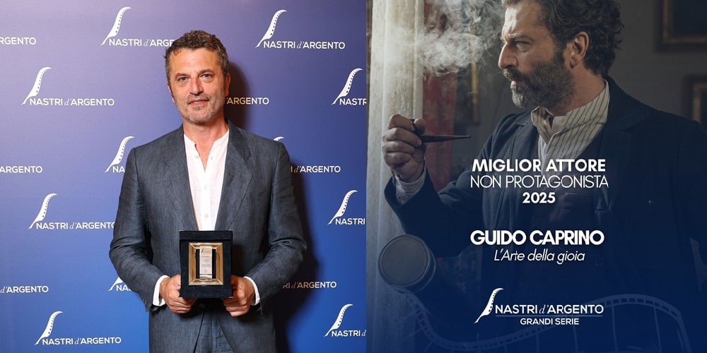 Guido Caprino ai Nastri dargento collage personaggio fiction