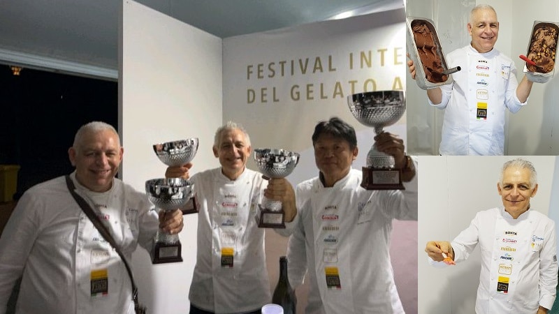 Gemelli Squatrito con l'amico gelatiere giapponese con riquadri gelato